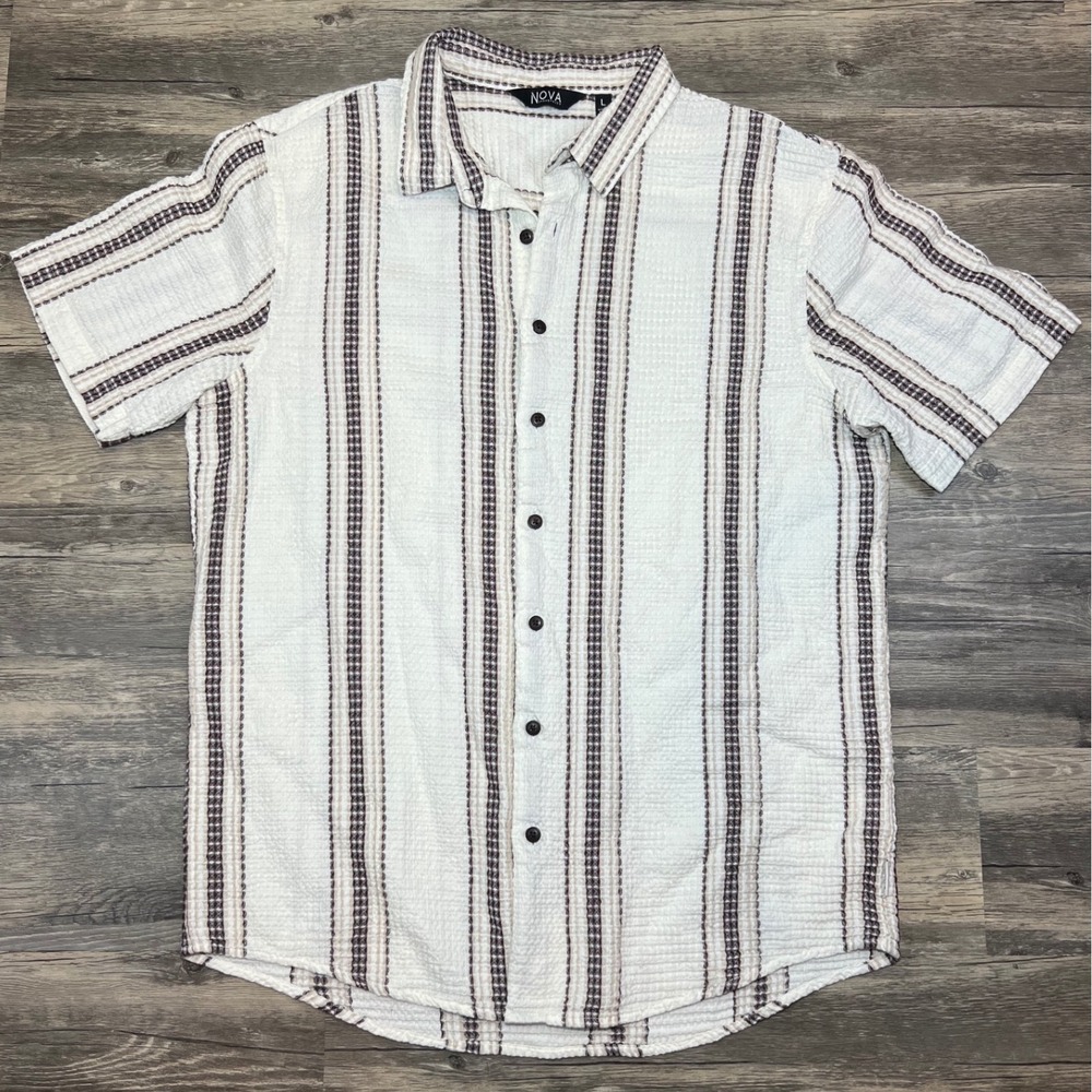 Textured Waffle Stripe Button Down Men's Large Neutral Retro Coastal GrandpaCore